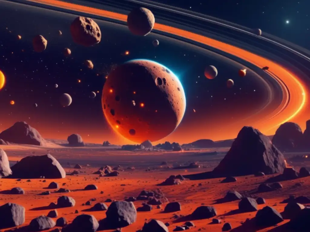 A photorealistic asteroid belt surrounds a vibrant orange star, with asteroids of differing sizes and shapes zooming in various directions, creating a busy cosmic highway