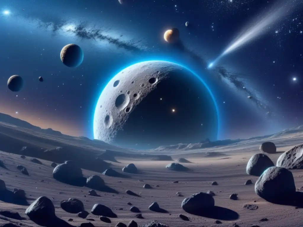 A breathtaking panoramic view of the asteroid belt, with a large asteroid at the forefront, showcasing intricate craters and patterns carved by impacts over billions of years