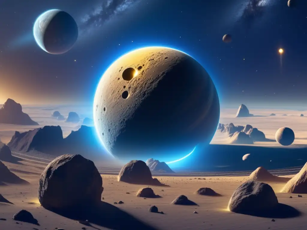 A luminous asteroid belt glows fiercely in the foreground, casting a soft yellow light onto a distant, ethereal blue planet