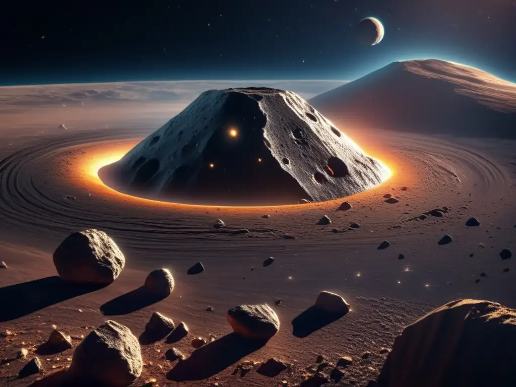 A stunning closeup of an asteroid from the belt, its intricate surface textures reflecting the bright sunlight in a breathtaking display