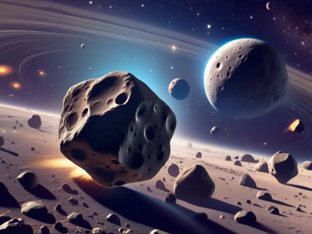 A stunning photorealistic depiction of an asteroid belt, with intimate details of an asteroid's surface and craters