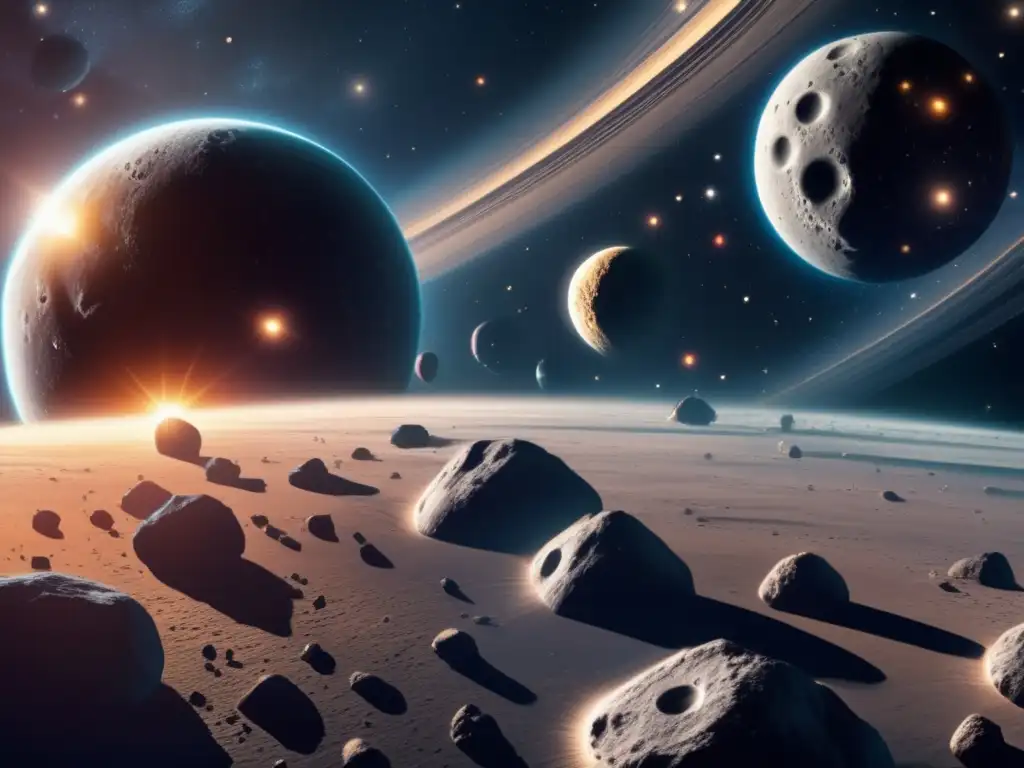 A stunning photorealistic image of an asteroid belt in space, reminiscent of 'The Expanse'