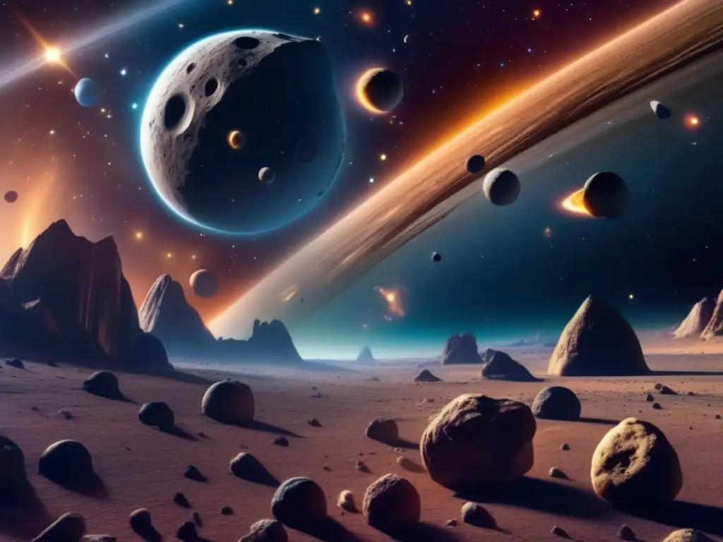 A breathtaking image of an asteroid belt, captured in stunning detail, with jagged surfaces and underlying swirling nebulas and distant stars