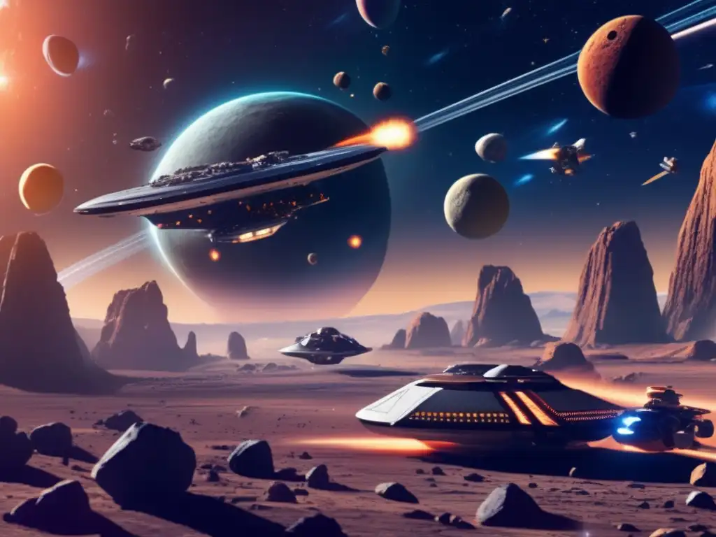Fuel-Rich Asteroid Belt Transfers to Spaceship Futuristic asteroid belt transformed into space stations, each filled with fuel tanks