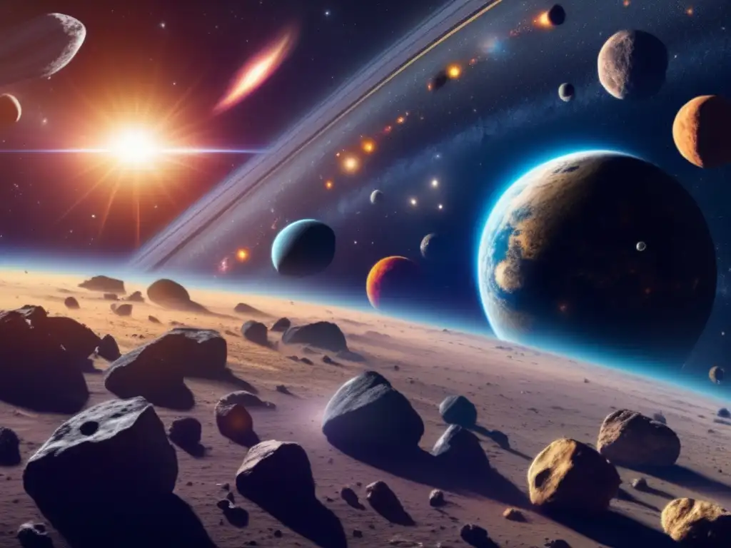 A stunning photorealistic depiction of outer space, with a prominent Asteroid Belt encircling the sun