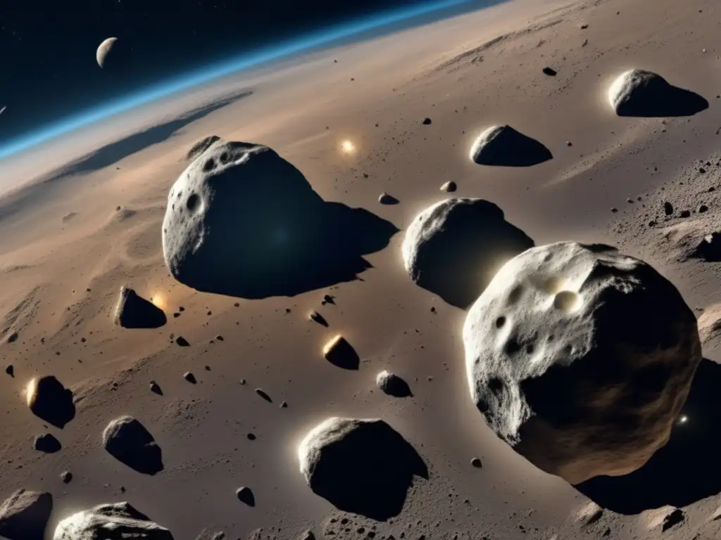 glanced at the breathtaking high-resolution image of the asteroid belt viewed from space, stunningly depicting the vast expanse of space with unevenly sized & shaped asteroids, showcasing the excitement & wonder of mining valuable celestial bodies
