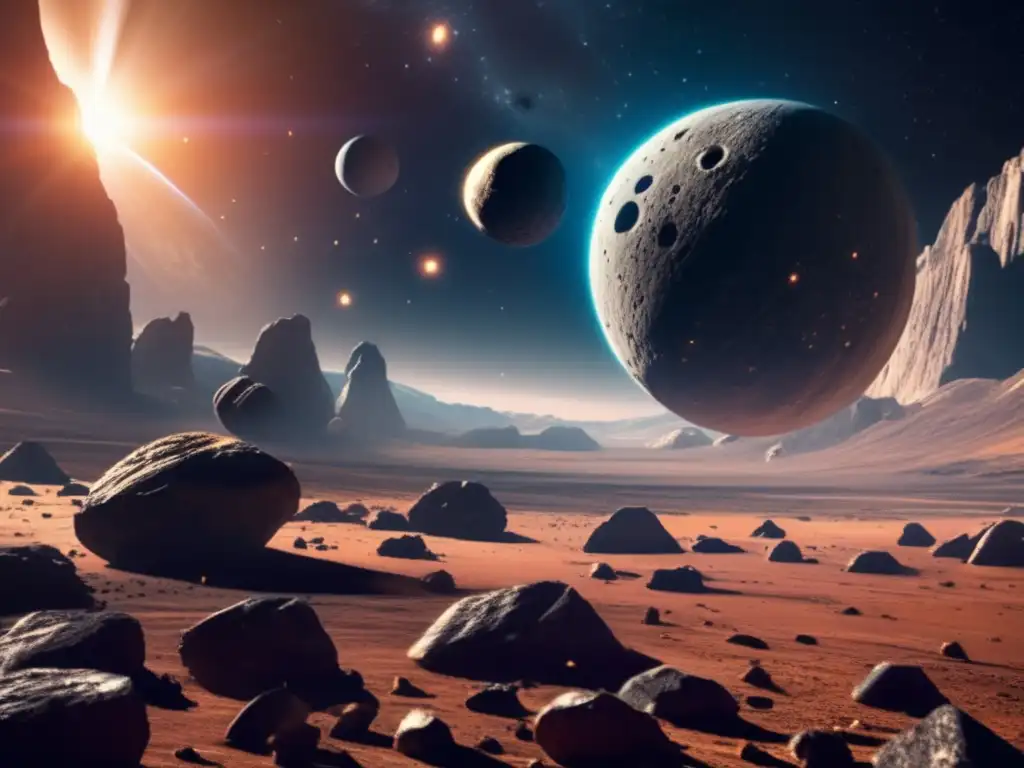 A breathtaking shot of an asteroid belt, with craters and rocks glowing in the sunlight, surrounded by the vastness of space