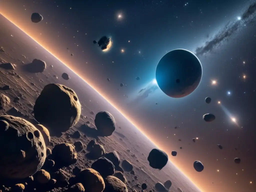 A breathtaking aerial view of a sprawling asteroid belt, filled with myriad asteroids of varying sizes and shapes, bathed in a soft, ethereal glow