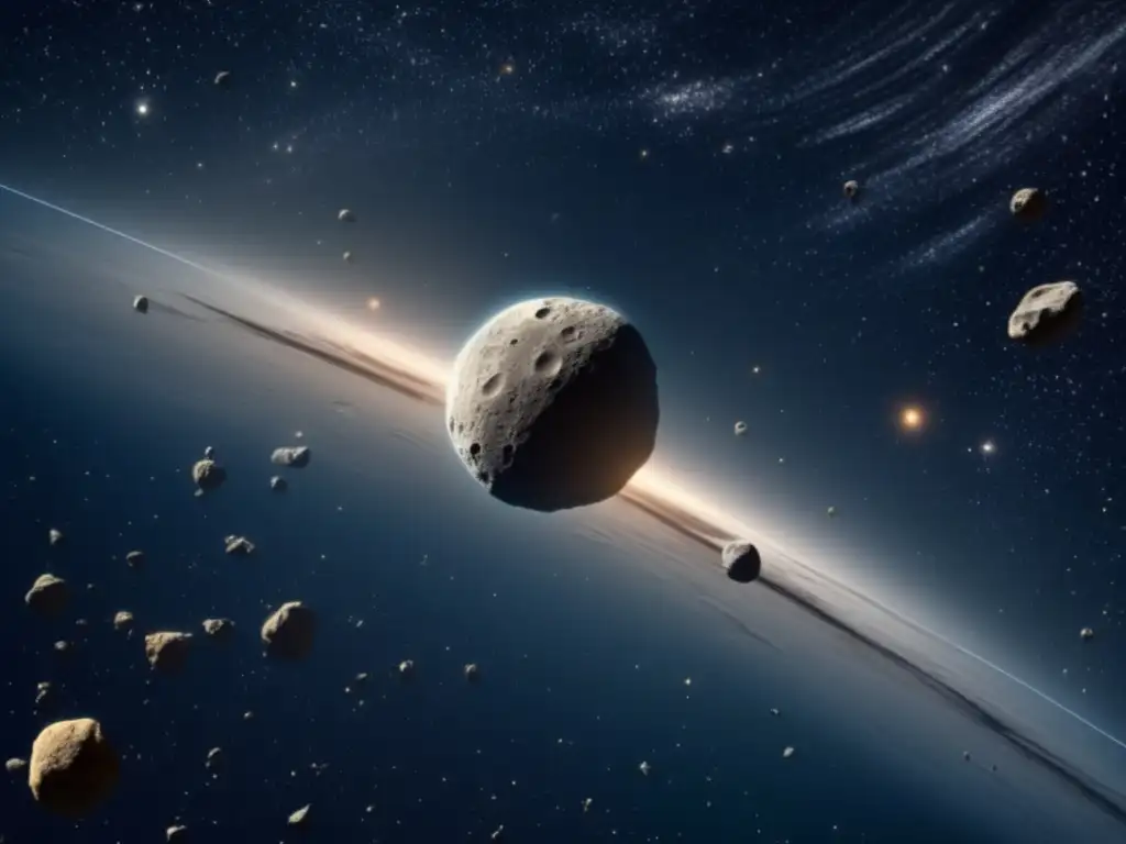 A stunning photorealistic image of the asteroid belt, with Pallas as the second largest asteroid visible