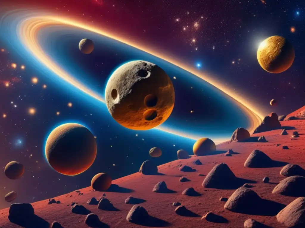 A stunning, photorealistic depiction of a vibrant gold asteroid belt with dramatic nebulae in the background