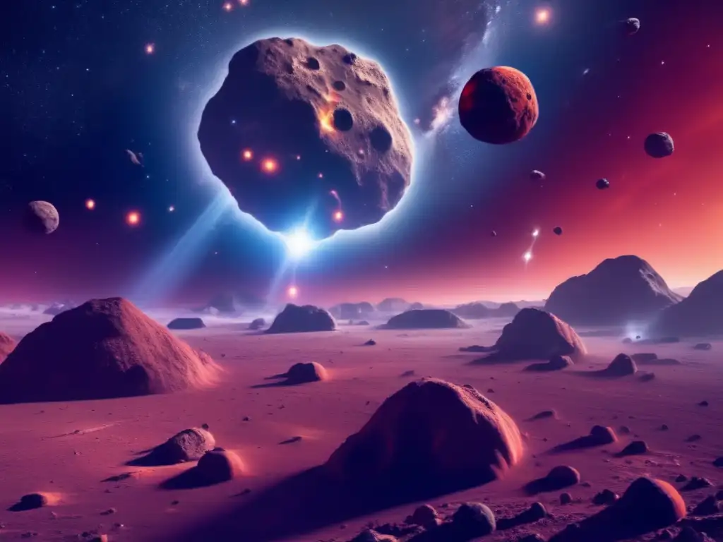 An stunning image of an asteroid field surrounding a large red dwarf star, with intricate asteroid craters illuminated by its light