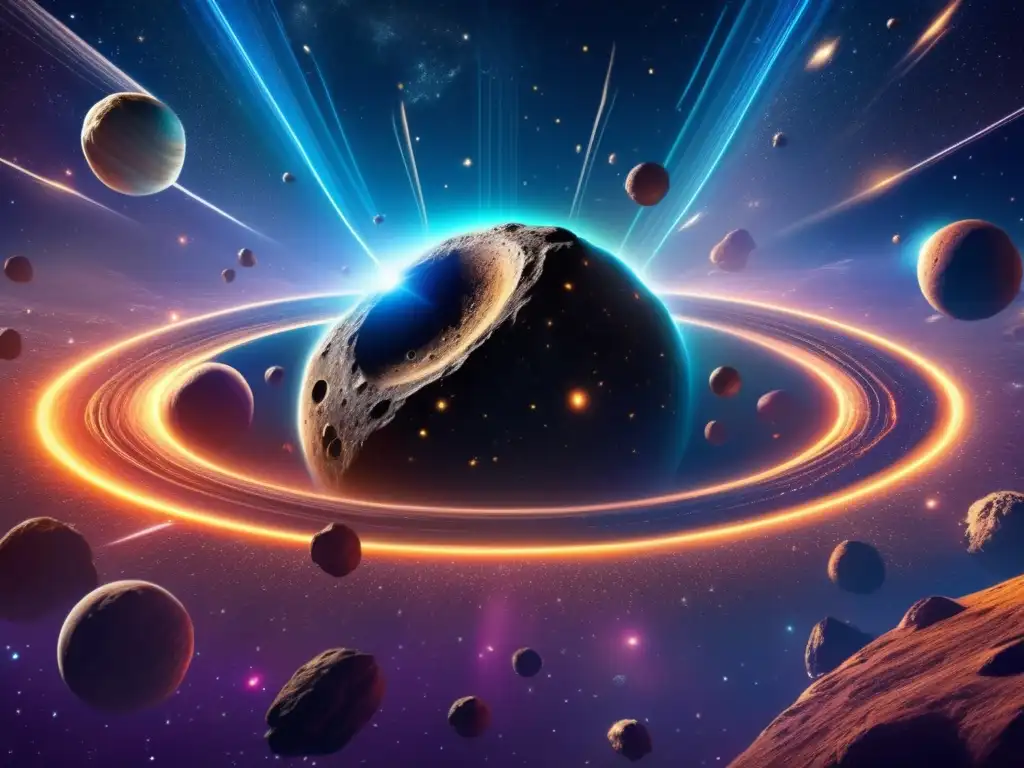 A stunning nebula swirls around a mysterious asteroid floating in the center of a photorealistic asteroid belt, illuminated by glowing stars