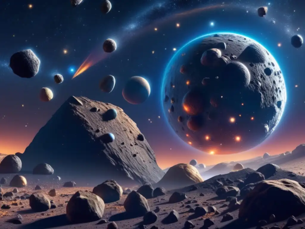 A stunning photorealistic image of a dense asteroid belt, reminiscent of the night sky where Thoas is located