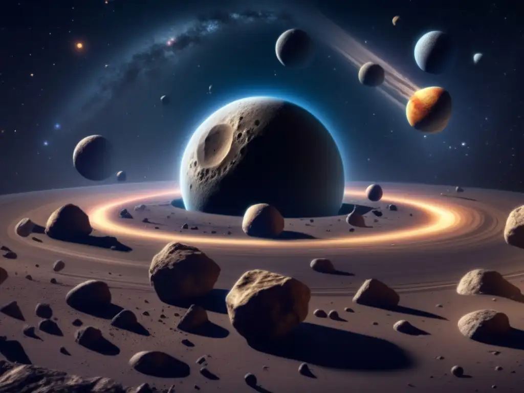 In a solar system far away, swirling orbits of various-sized asteroids envelop a planet resembling Earth