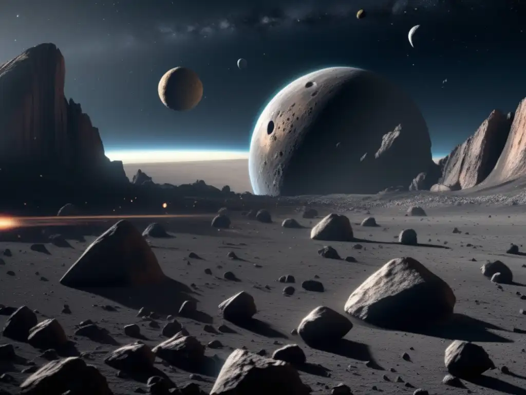 A breathtaking photo of a cutting-edge spacecraft soaring through the asteroid belt, showcasing diverse and intricate asteroids in the background