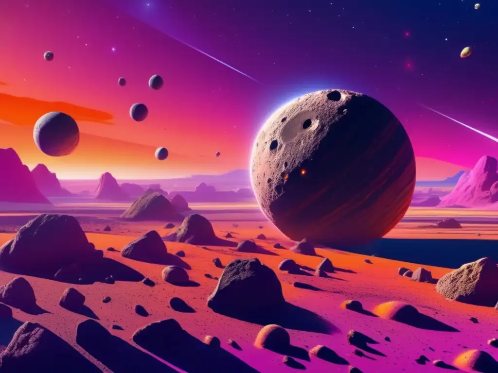 A stunning photorealistic depiction of the asteroid belt, captured from space, features debris and planetary bodies scattered throughout the frame
