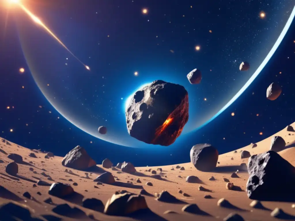 Glimmering asteroids in mid-space, dazzling with sunlight against a dark cosmic canvas, as described by the prompt