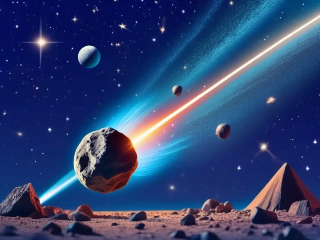 Cosmic Dynamo: Asteroid Belt's Aura of Movement & Mystery A breathtaking close-up photograph captures the intricate details of a stunning asteroid belt against a star-studded blue night sky