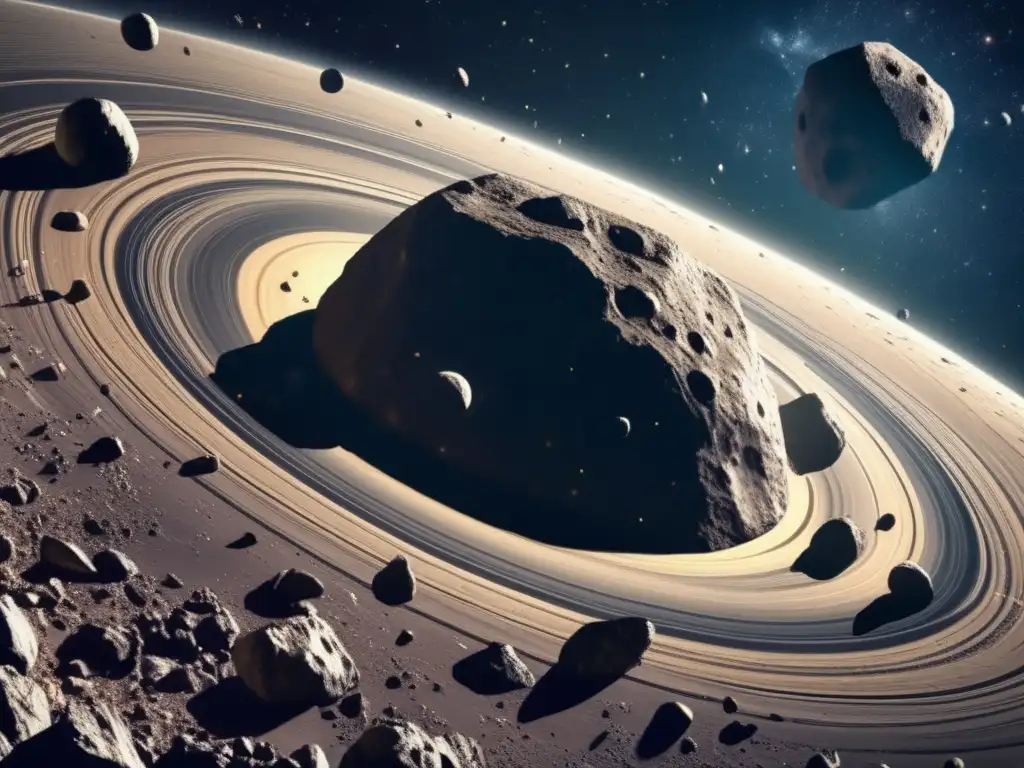 Asteroid Belt Extravaganza: Catching a Glimpse into the Mystery of Space An audacious asteroid belt captured from afar, with intricate asteroids varying in size, form, and tone