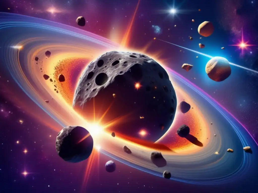 A breathtaking view of an asteroid belt surrounded by a vibrant star with a trail of magical light emanating from its core