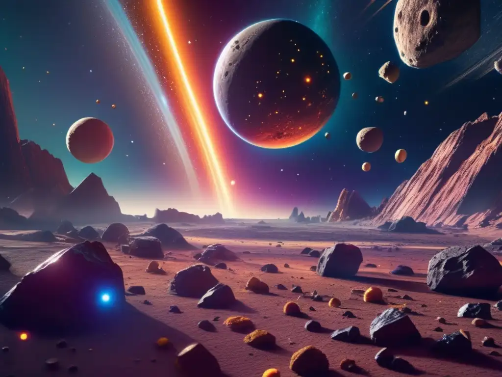 Photorealistic image of a lively asteroid belt, brimming with jagged shapes and vivid hues