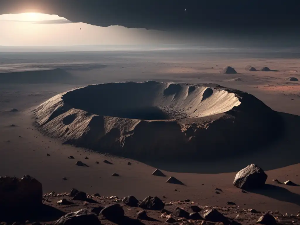 Rustic Asteroid Crater Ruins: A Photorealistic Apocalypse In this photorealistic painting, an ancient, barren desert dominates the scene with a massive asteroid crater at its center