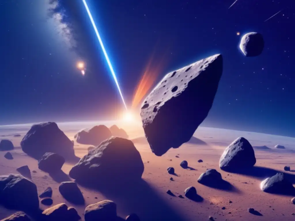 A haunting image of two massive asteroids dancing in the cosmos, their jagged edges perfectly balanced by a delicate bridge connecting them