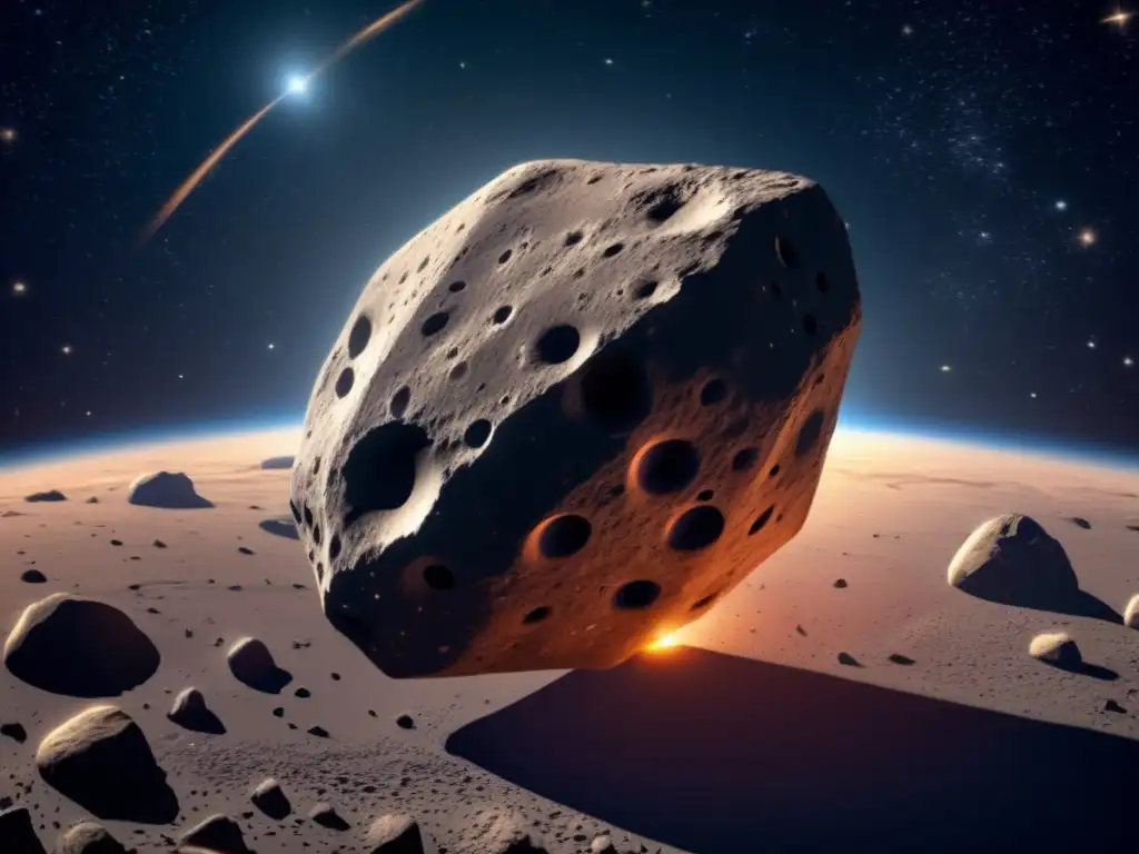Cacus, a jagged, rocky asteroid, orbits around a star in deep space