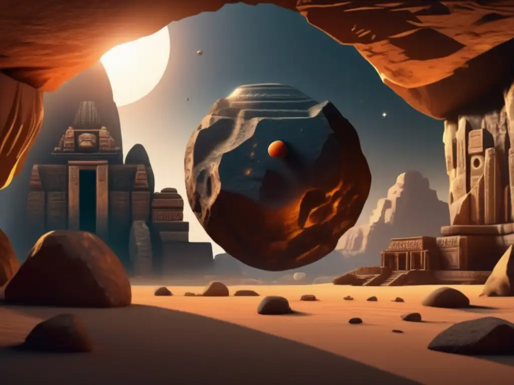 A photorealistic image of a Mayan civilization cave in a rocky landscape, with an ancient cave set to host the arrival of a dark spherical asteroid
