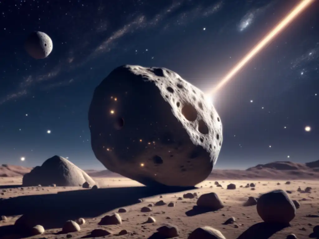 A photorealistic image of a large asteroid, resembling Ceres, spinning in space with its textured surface visible