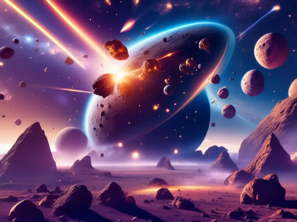 A celestial battlefield with multiple asteroid-drawn chariots clashing, illuminated by starlight and engine glow