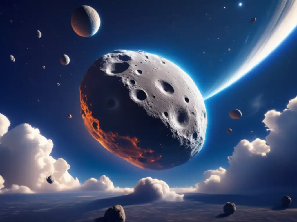 A stunning close-up of a colossal asteroid hovering amidst deep blue cosmos, its surface shimmering as it casts a mesmerizing reflection