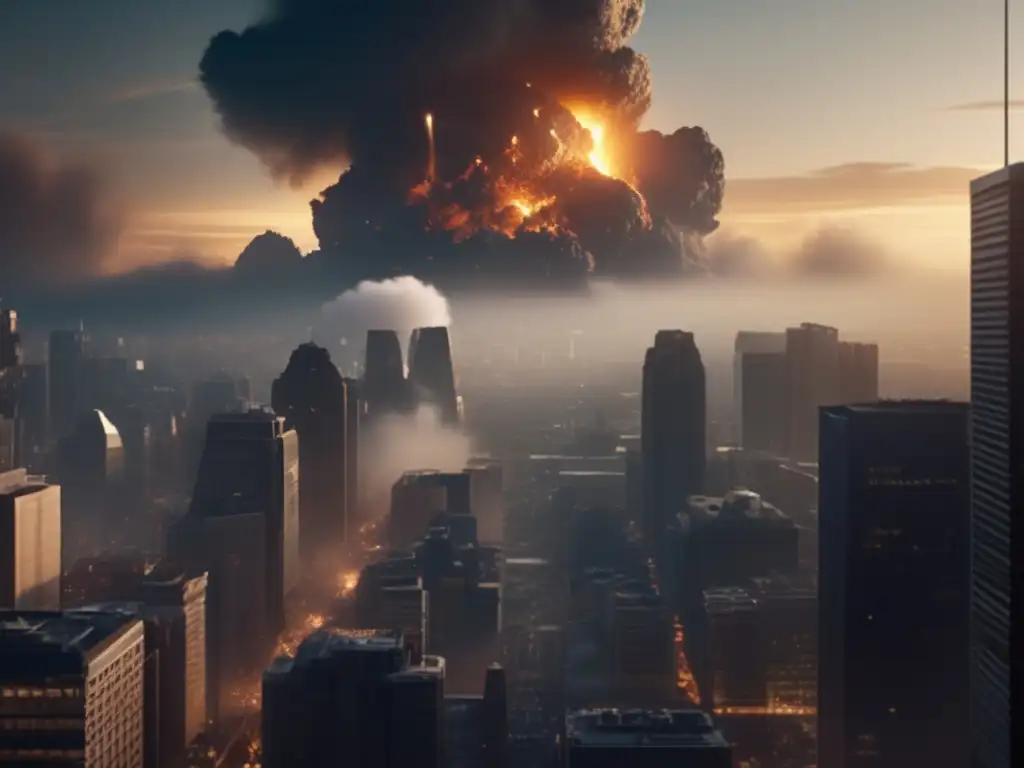 An asteroid strikes a modern city, causing destruction and devastation, leaving a desolate and desolate landscape in its wake