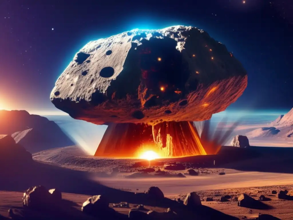 An asteroid's surface reveals a thriving city or mining operation, bounded by a formidable hole