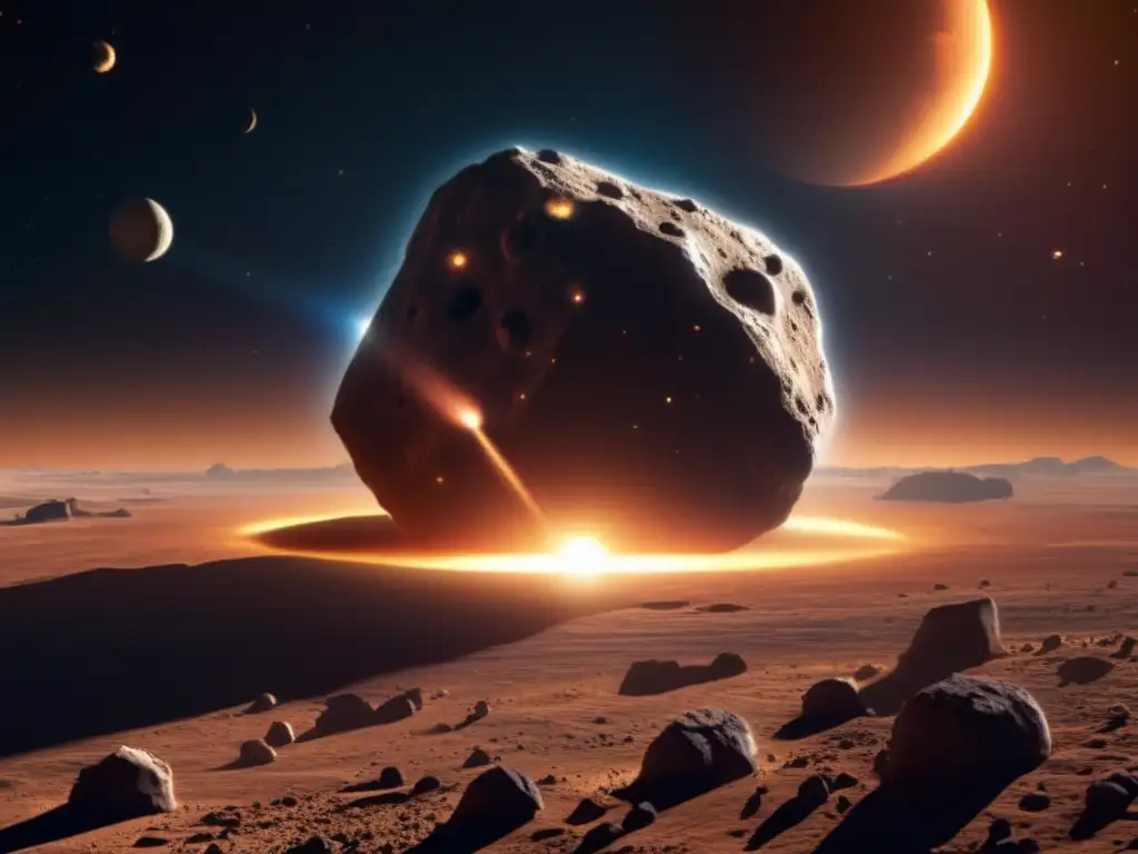 Large asteroid narrowly misses Earth in this photorealistic image, with its rocky terrain and deep craters defined in intricate detail