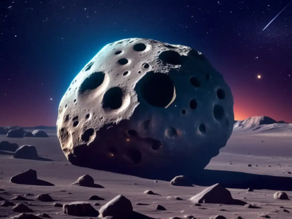 A mesmerizing closeup of a glossy asteroid, craters dotting its surface, illuminated by a single star