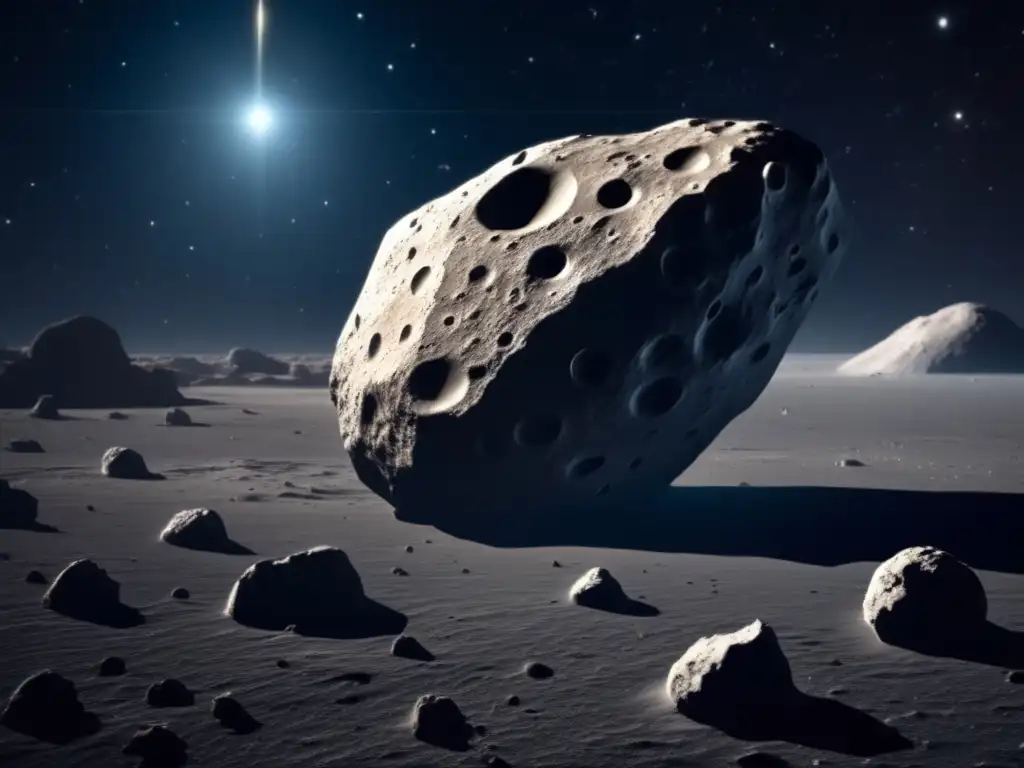 Dangerous asteroid in a black void, intricate rocky surface, complex craters, jagged edges, revealing a sense of discovery and exploration in high resolution, surrounding by the vastness of distant stars