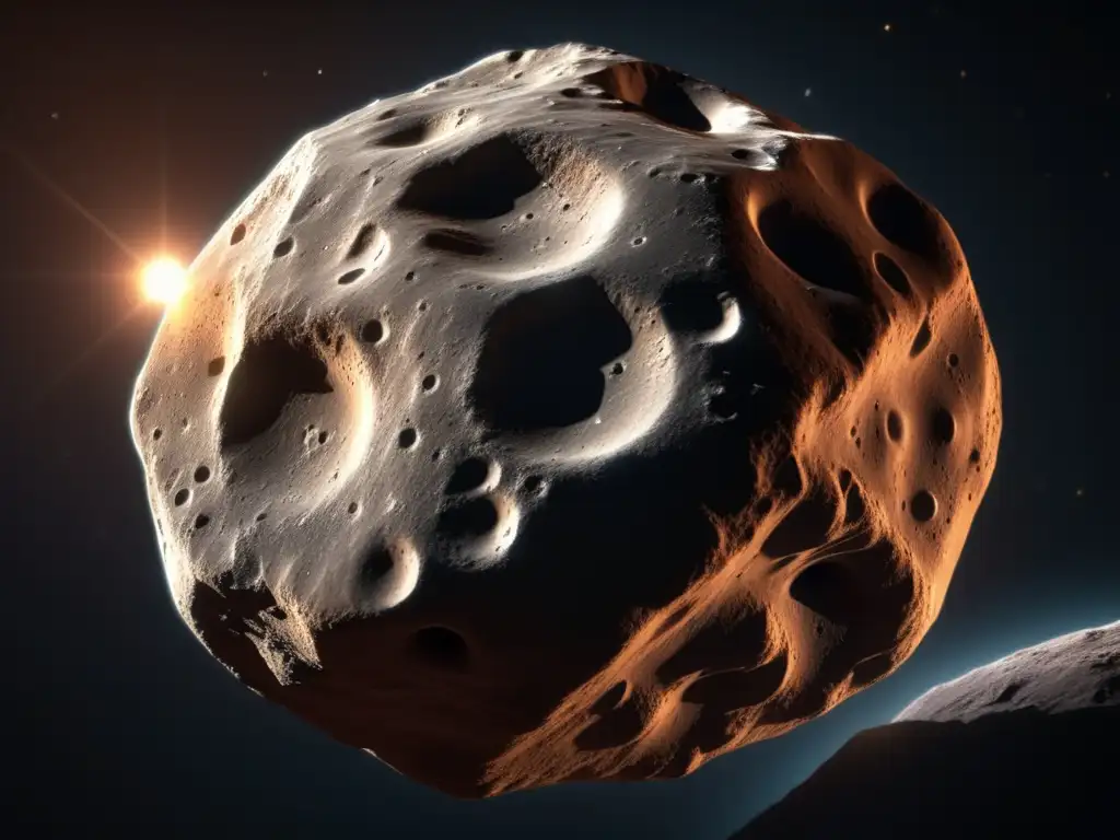 A photorealistic, spellbinding view of a closeup asteroid, its rugged surface and rocky texture clearly revealed