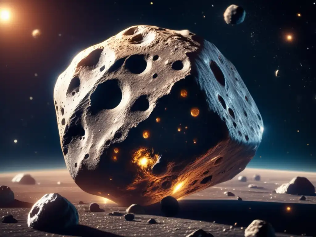A captivating closeup of an asteroid in space reveals detailed textures and craters, with glistening veins of precious metals visible