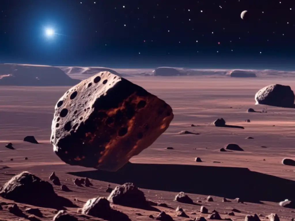 Solar panels gleam in foreground of monumental, otherworldly asteroid