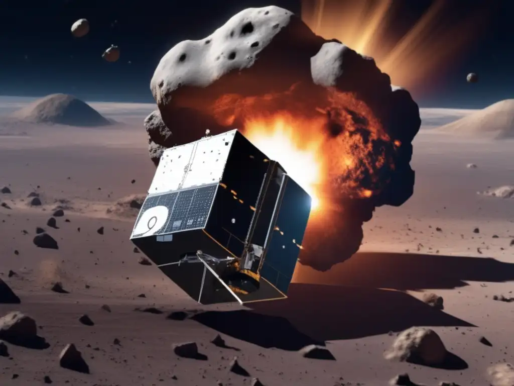 Deep Impact: Asteroid Target Examined by Satellite Team A photorealistic image of the Deep Impact satellite showcases a perilous asteroid on the cusp of impact