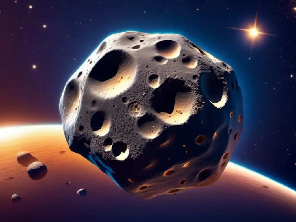 An asteroid's celestial dance unfolds, with porous surface etched by time and space, jagged edges carved by cosmic winds