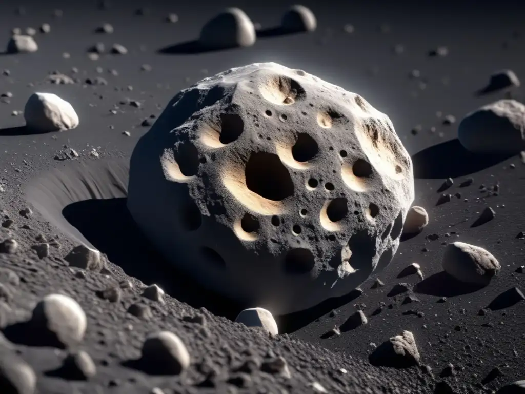 Asteroid Odyssey: Discovering the Mysteries of Space's Rocky Frontier A detailed 8k ultradetailed image of an asteroid in space, with a dark background highlighting its glowing surface