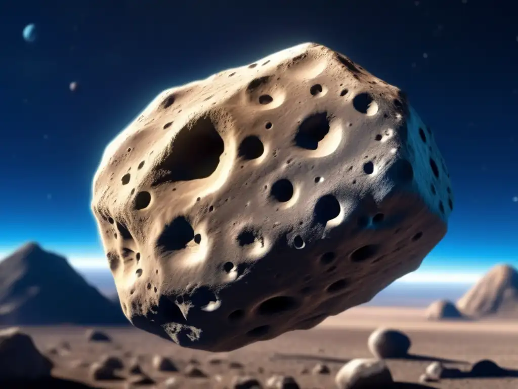 A stunning photorealistic image captures the essence of an asteroid, featuring intricate details such as rocks, craters, and grooves