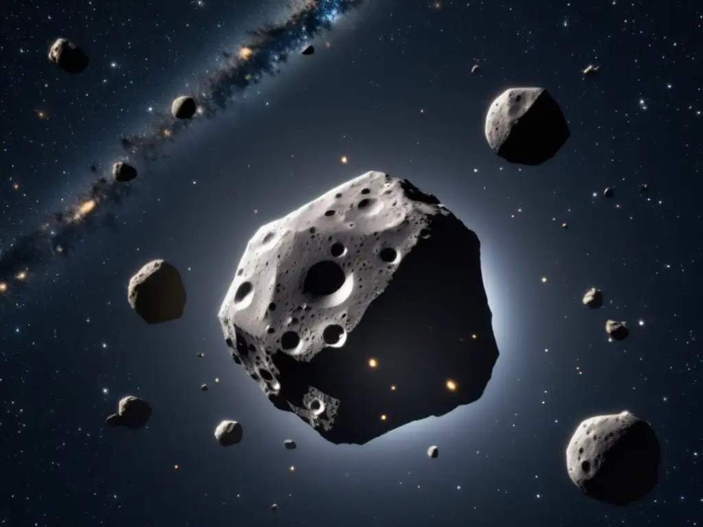 Photorealistic image of an asteroid field viewed through a telescope, with a closeup of a single asteroid