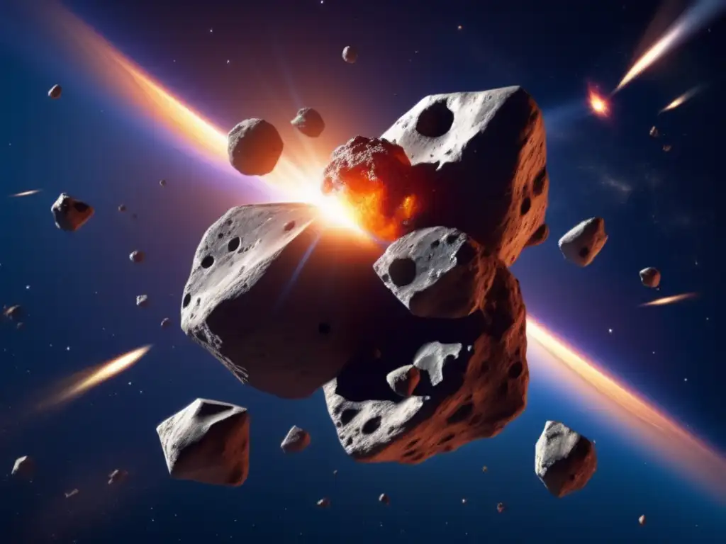 Debris-Scattered Asteroid Collision in Space A stunning photorealistic cluster of asteroids colliding in space, captured by a 100mm telescope lens