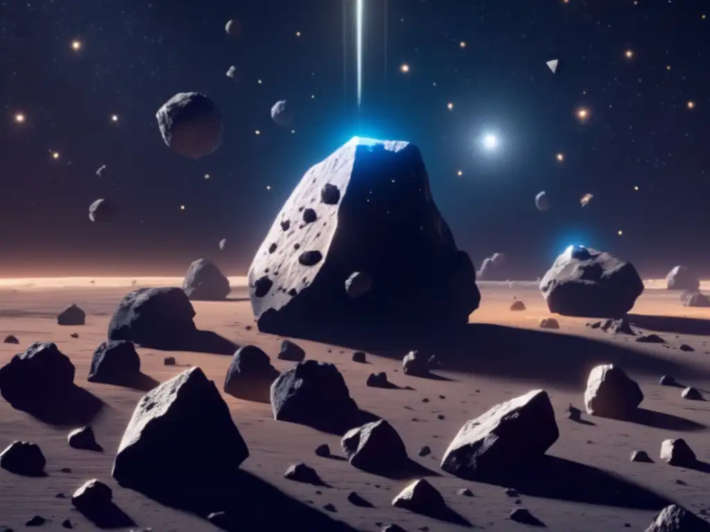 Asteroids floating alone against the dark void, lit by a faint glow