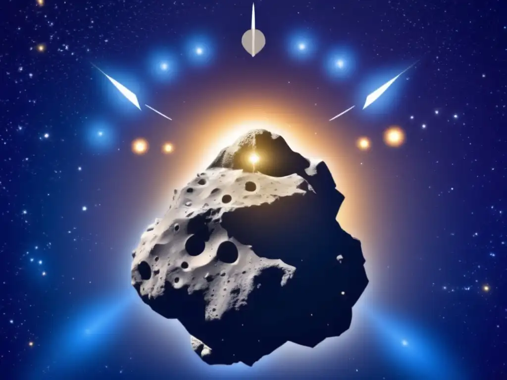 An enchanting closeup of Neoptolemus' asteroid cluster, draped in midnight blue with a faint snowy effect, reveals a gradient of light shades reflecting off the rocky surface