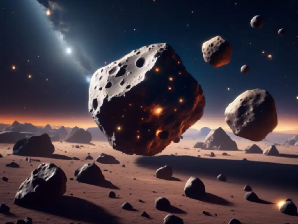 A captivating image of a vast asteroid cluster, where two colossal asteroids dominate the foreground and several smaller ones float in the background