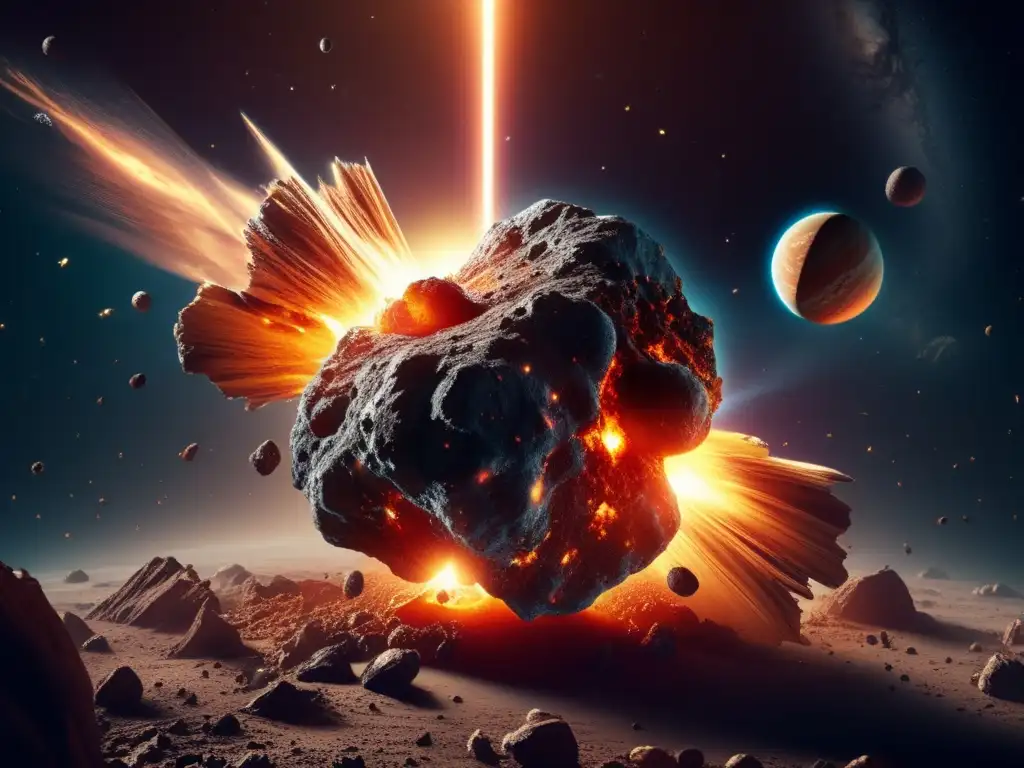 Forged in the inky depths of space, a cosmic collision unfolds, as an asteroid plummets towards a distant planet